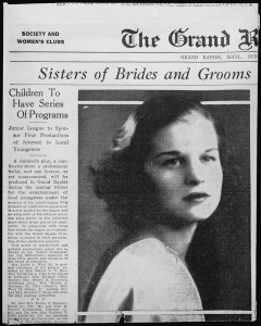 Part of the society page from the Grand Rapids Herald. The woman pictured, Betty Bloomer, is better known a former first lady Betty Ford. Source: WikiMedia Commons