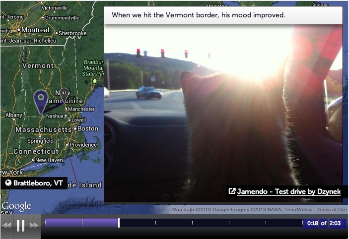 A typical Meograph frame combines an image, a map, text and audio. 